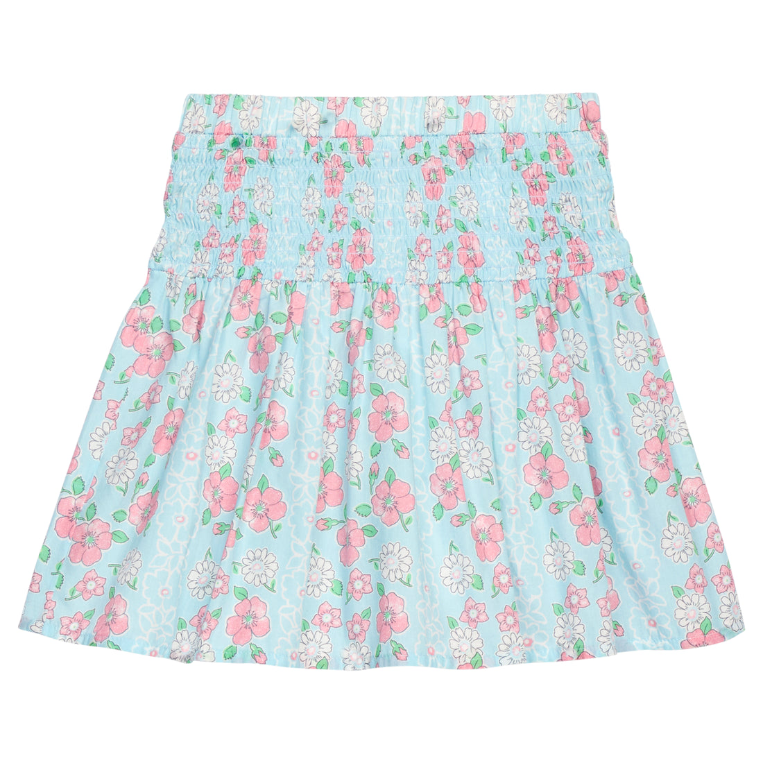 BISBY girl woven skirt in a blue/pink/white floral. Skirt features a smocked waistband for a relaxed but secure fit. 