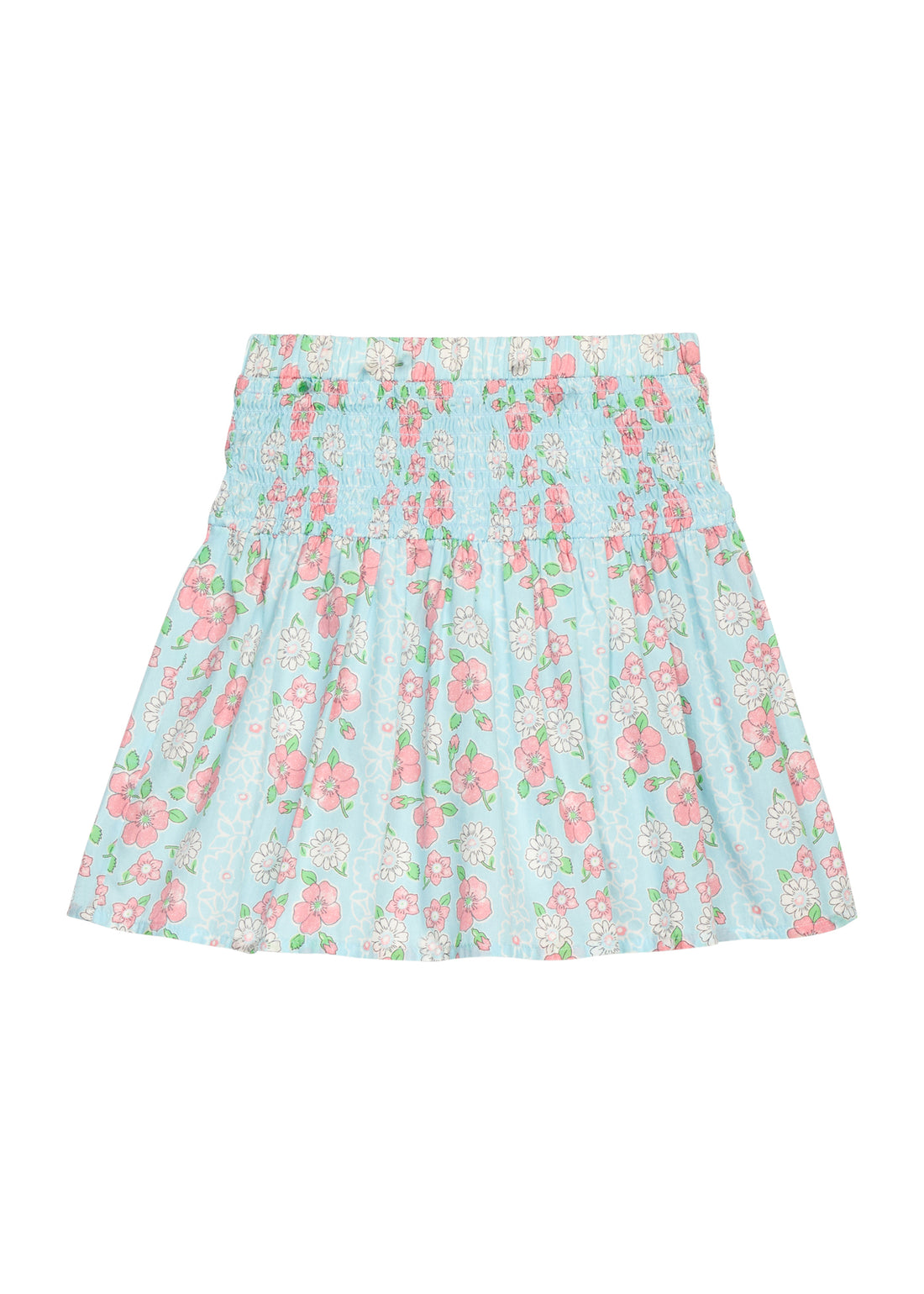 BISBY girl woven skirt in a blue/pink/white floral. Skirt features a smocked waistband for a relaxed but secure fit.