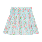 BISBY girl woven skirt in a blue/pink/white floral. Skirt features a smocked waistband for a relaxed but secure fit.