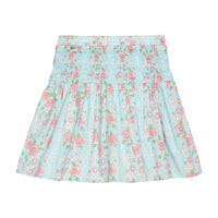 BISBY girl woven skirt in a blue/pink/white floral. Skirt features a smocked waistband for a relaxed but secure fit.