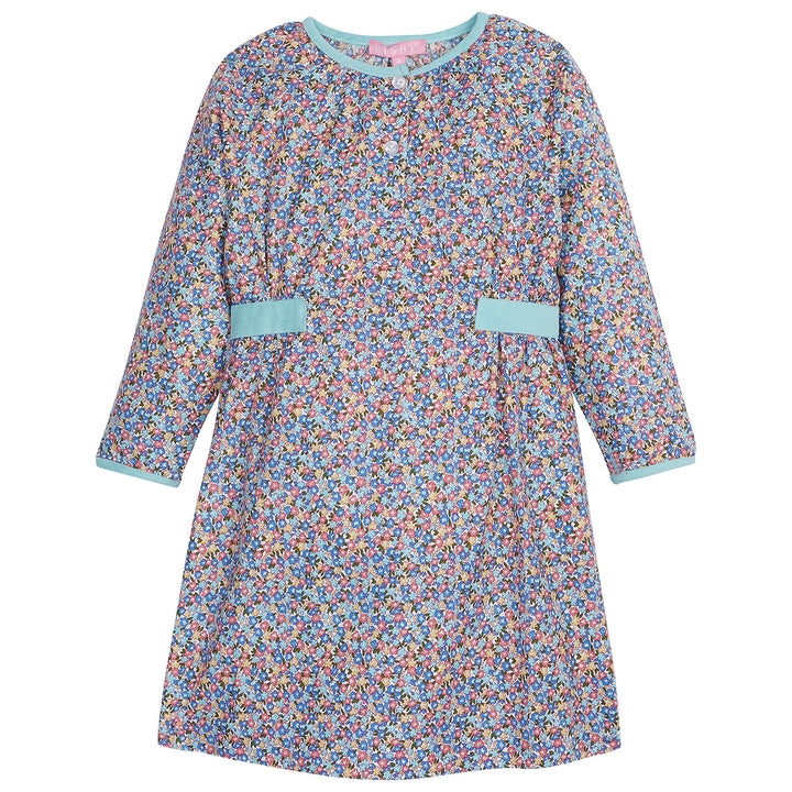 Long Sleeve dress with aqua colored trim on the neckline/ends of sleeves with a primary color small floral print. Also has a few buttons down the middle--SnowmassDress BISBY girls/teens