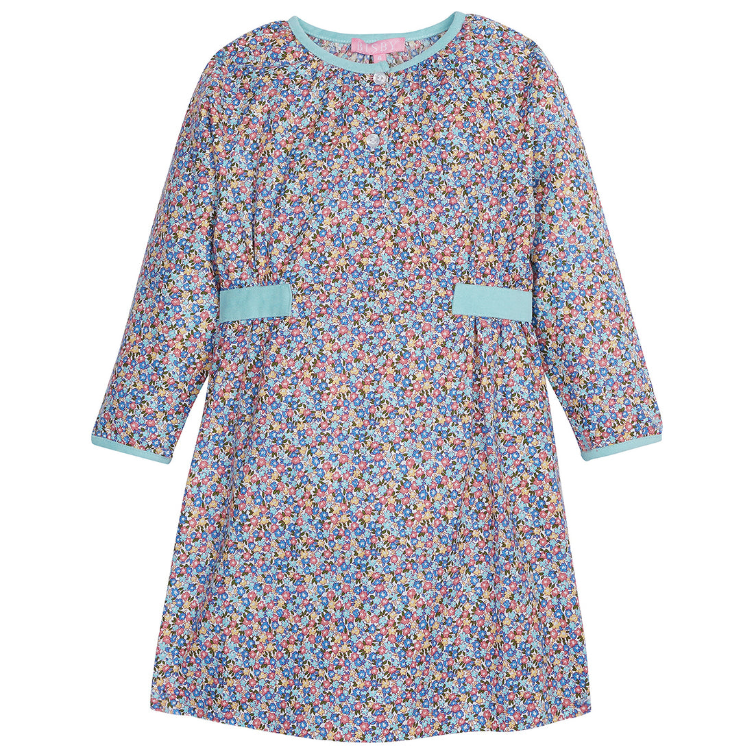 Long Sleeve dress with aqua colored trim on the neckline/ends of sleeves with a primary color small floral print. Also has a few buttons down the middle--SnowmassDress BISBY girls/teens