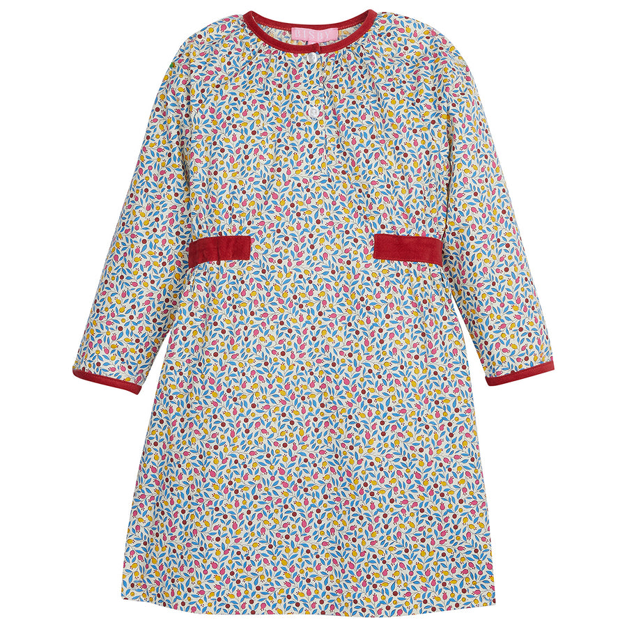 Long Sleeve dress with red trim on the neckline/ends of sleeves with berry print (red, yellow, pink, blue) and has few buttons down middle--SnowmassDress BISBY girls/teens