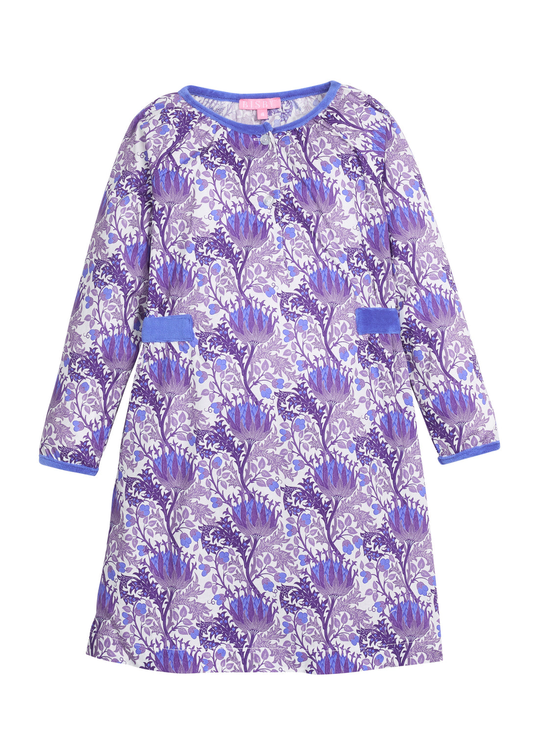 Girls/tween woven dress in blue/purple/white floral that features button closure at front neckline and blue velour detail along outside trim of dress for an elevated look. 