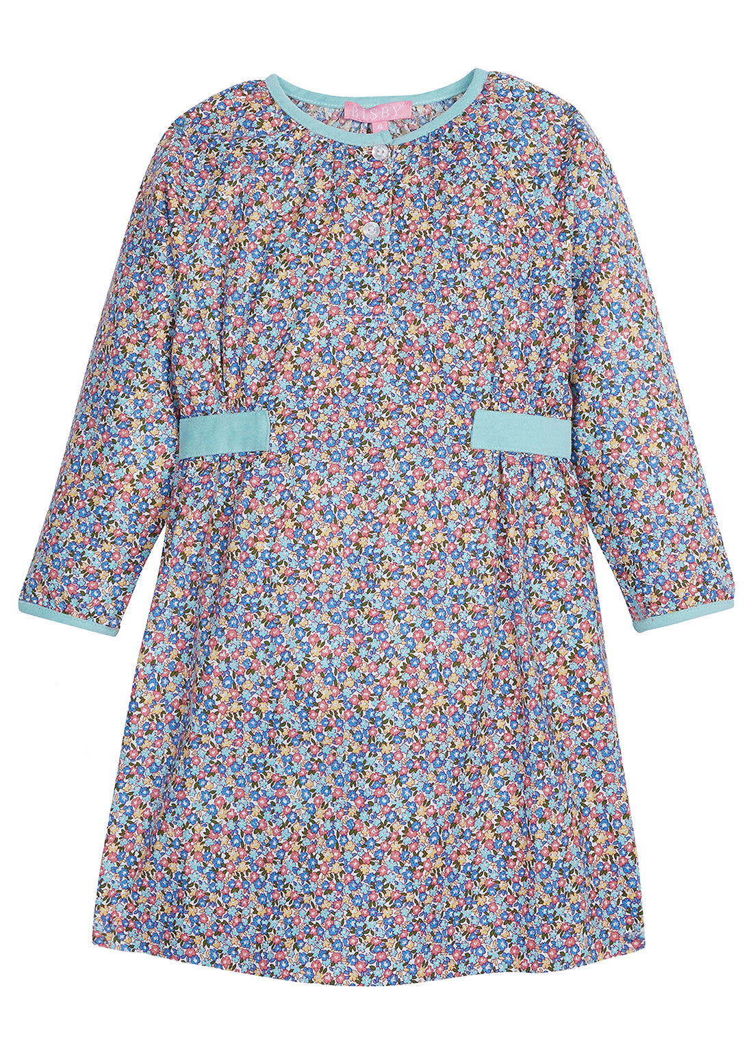 Long Sleeve dress with aqua colored trim on the neckline/ends of sleeves with a primary color small floral print. Also has a few buttons down the middle--SnowmassDress BISBY girls/teens