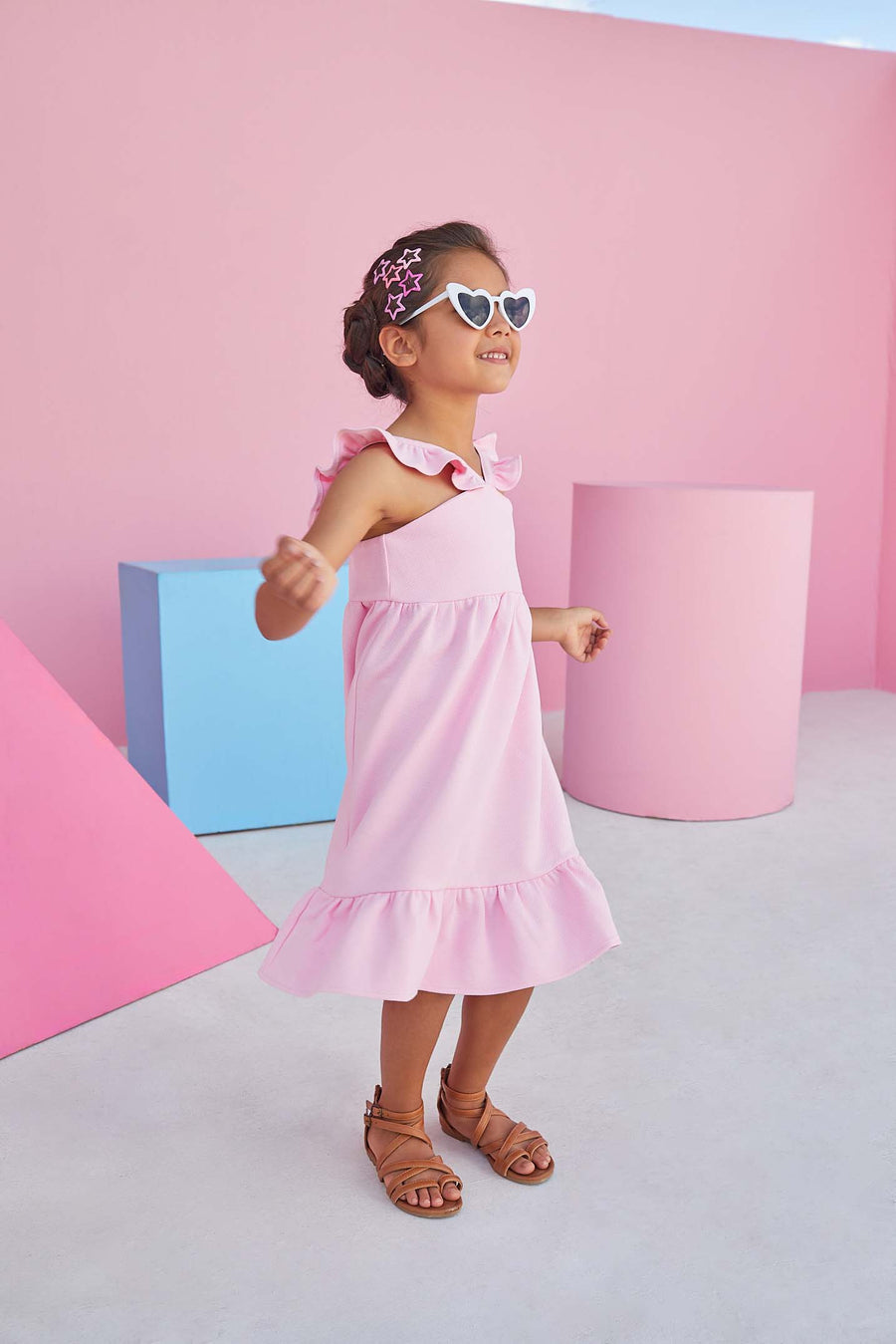 tween girls pink strappy dress with ruffles 