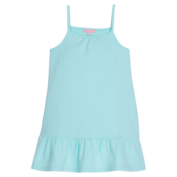 Girl/tween dress with thin stretchy straps and a waffle knit pattern, all in a solid aqua color. 