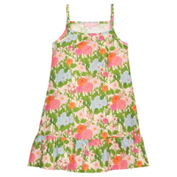 BISBY girl woven dress in a green/orange/pink/light blue. Dress features thin straps and bottom tier feature for an elevated look. 