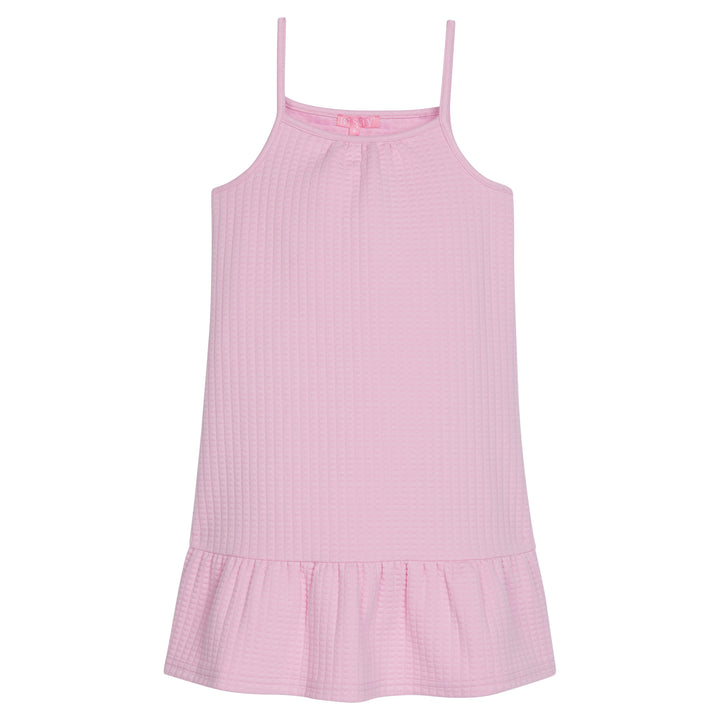 Girl/tween dress with thin stretchy straps and a waffle knit pattern, all in a solid light pink color. 