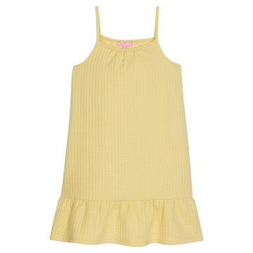 Girl/tween dress with thin stretchy straps and a waffle knit pattern, all in a solid light yellow color. 