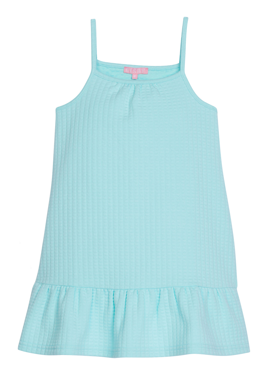 Girl/tween dress with thin stretchy straps and a waffle knit pattern, all in a solid aqua color. 