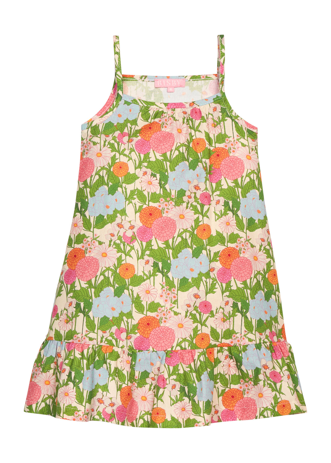 BISBY girl woven dress in a green/orange/pink/light blue. Dress features thin straps and bottom tier feature for an elevated look.