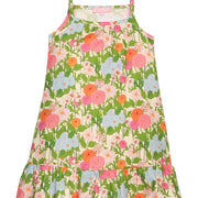 BISBY girl woven dress in a green/orange/pink/light blue. Dress features thin straps and bottom tier feature for an elevated look.