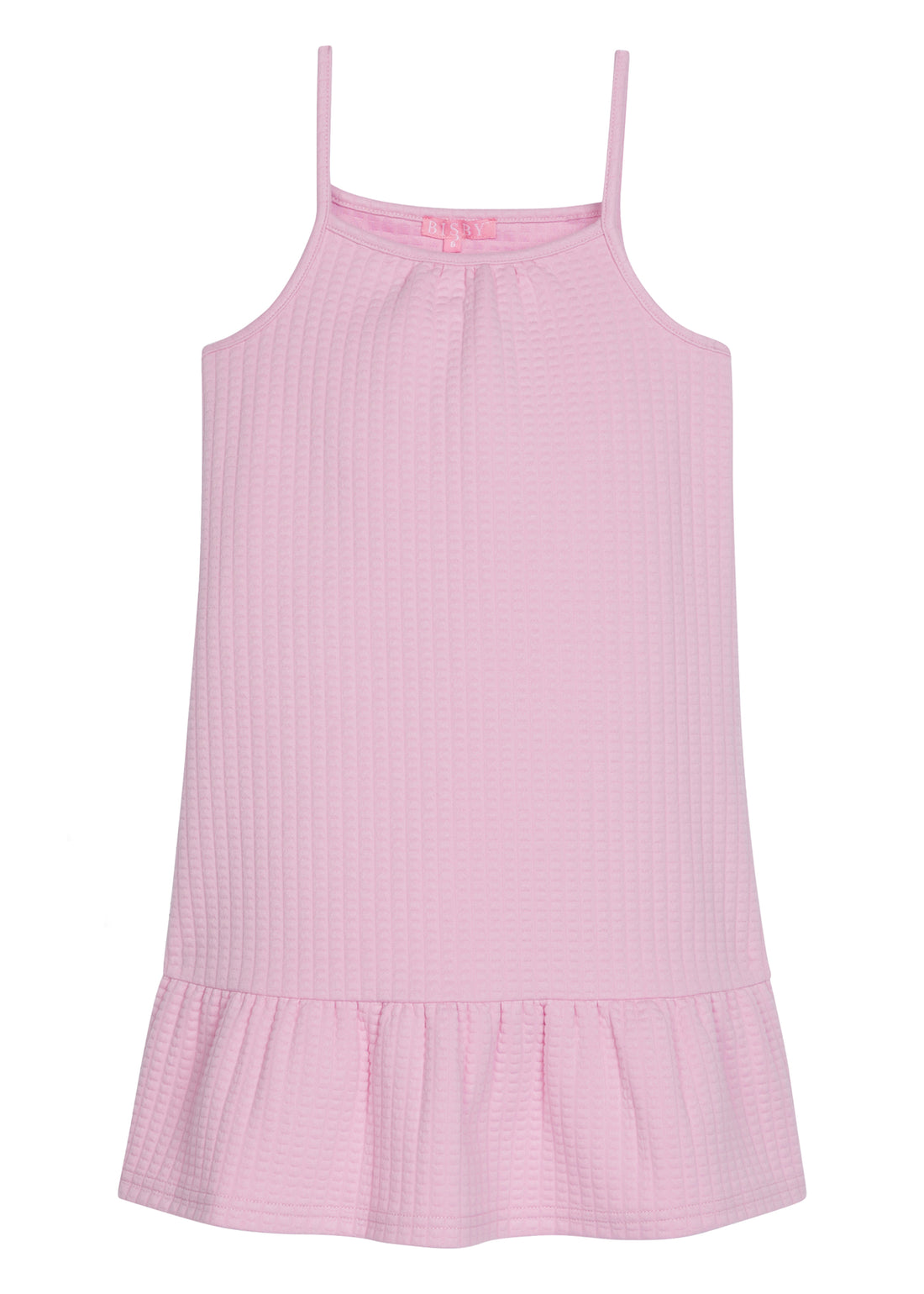 Girl/tween dress with thin stretchy straps and a waffle knit pattern, all in a solid light pink color. 