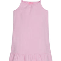 Girl/tween dress with thin stretchy straps and a waffle knit pattern, all in a solid light pink color. 