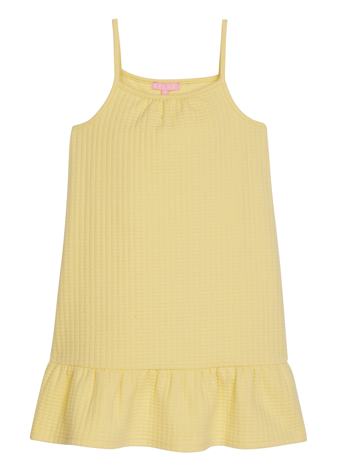 Girl/tween dress with thin stretchy straps and a waffle knit pattern, all in a solid light yellow color. 
