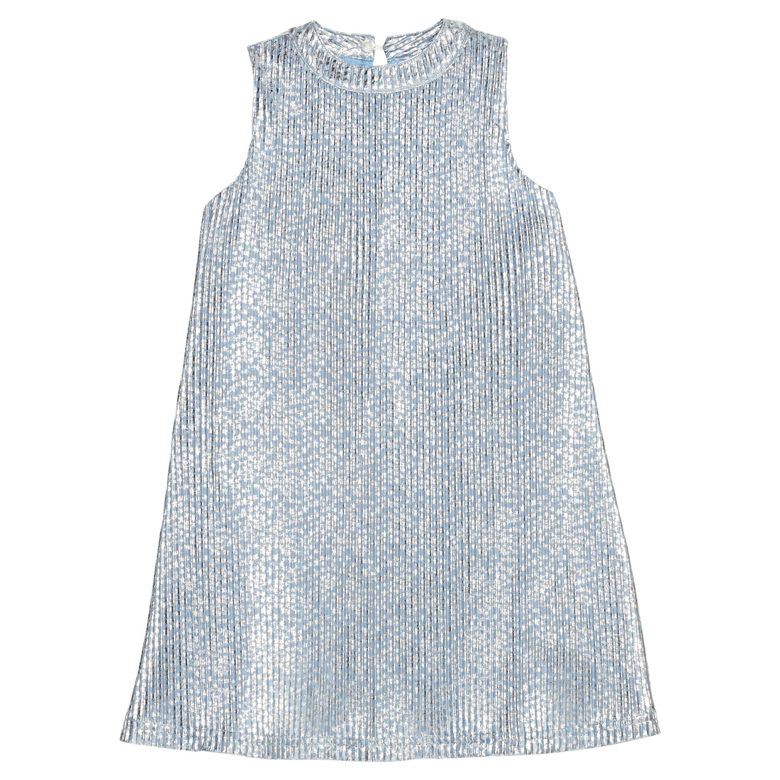 Girls/tween light blue sleeveless crinkle dress with silver stars print that features a button closure at top of back of neckline for a secure but relaxed fit. 