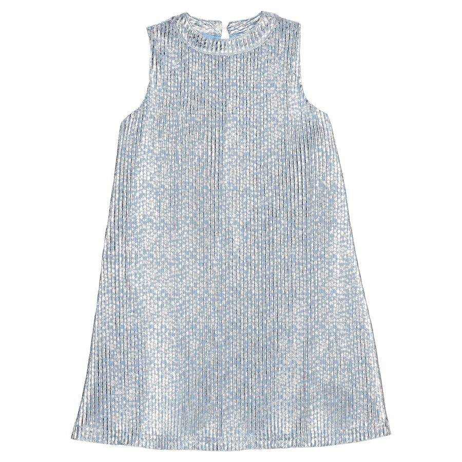 Girls/tween light blue sleeveless crinkle dress with silver stars print that features a button closure at top of back of neckline for a secure but relaxed fit. 