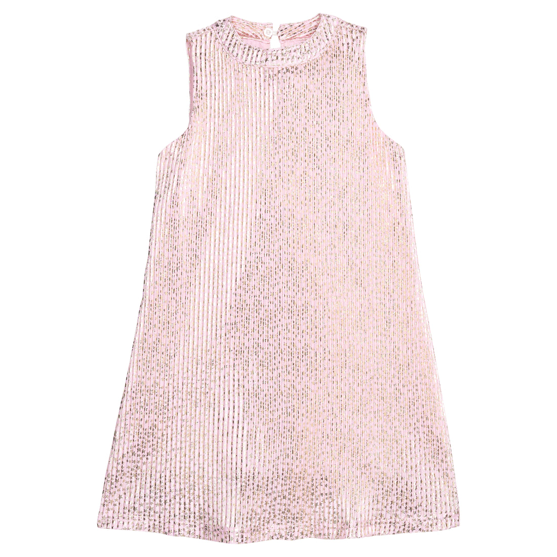 Girls/tween light pink sleeveless crinkle dress with silver stars print that features a button closure at top of back of neckline for a secure but relaxed fit. 