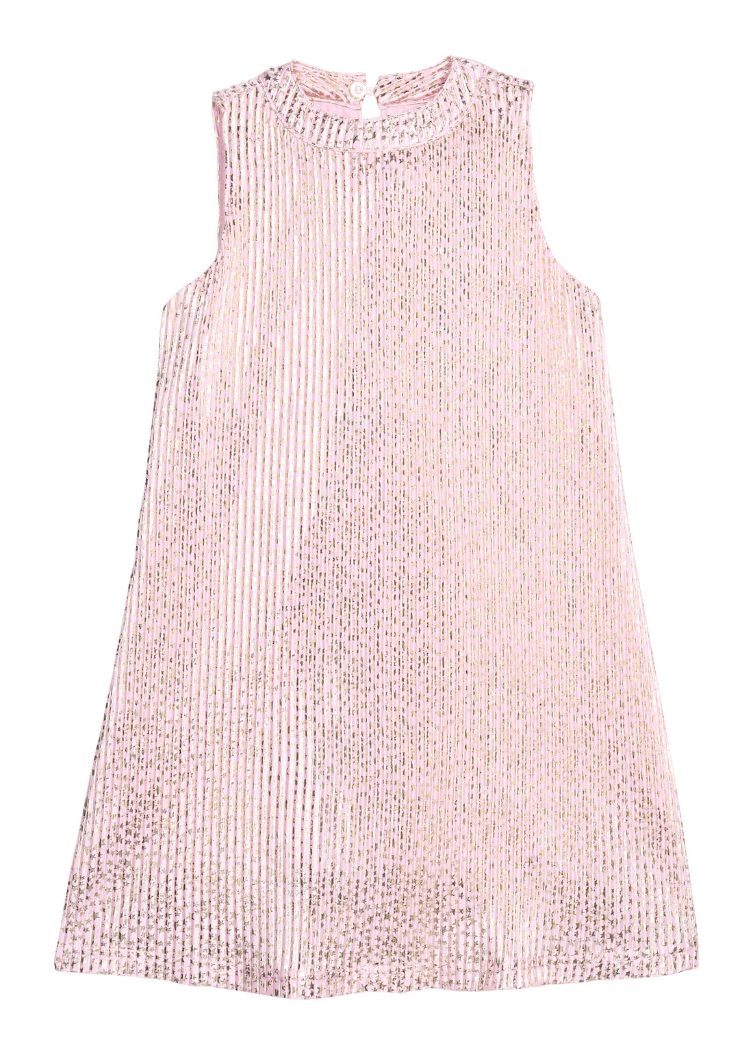 Girls/tween light pink sleeveless crinkle dress with silver stars print that features a button closure at top of back of neckline for a secure but relaxed fit. 