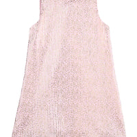 Girls/tween light pink sleeveless crinkle dress with silver stars print that features a button closure at top of back of neckline for a secure but relaxed fit. 