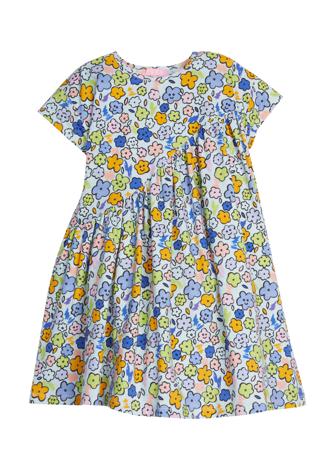 Girls/Tween knit dress in our Cartoon floral pattern which features an arrangement of cartoon flower drawings in orange/blue/pink/green printed on a light blue background. Dress also has a "swoop" detail through the front to add a ruching effect-BISBY