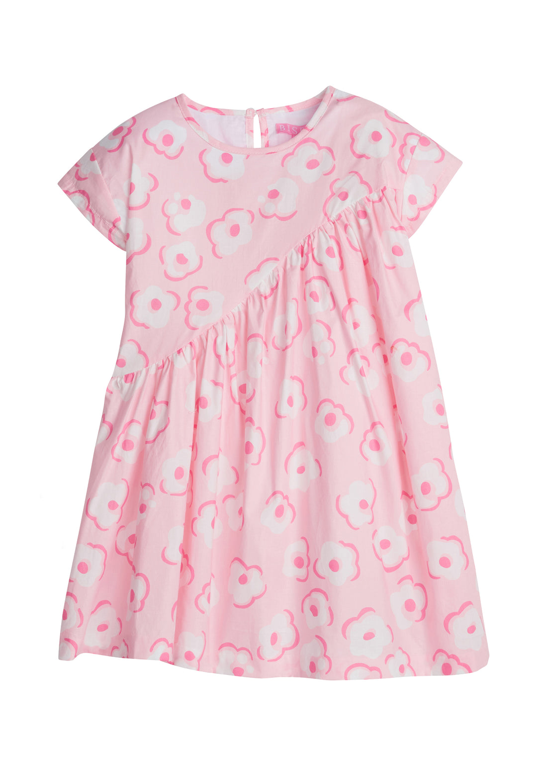 Girl/Tween woven dress in light pink/hot pink/white floral print. This fun dress has a "swoop" ruching detail along the front side for a different/ fun shape. Dress also has a button closure at back for a secure but relaxed fit.