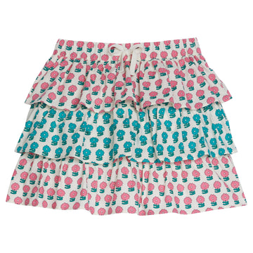Tiered skort with built in shorts with elastic waistband and faux tie. Has pink floral pattern on bottom and top tier and a turquoise floral pattern in middle tier. 