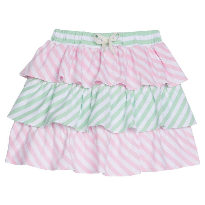Tiered skort with built in shorts with elastic green and white stripe waistband and faux tie. Top and bottom tier have light pink and white stripe and green and white stripes in the middle tier. 