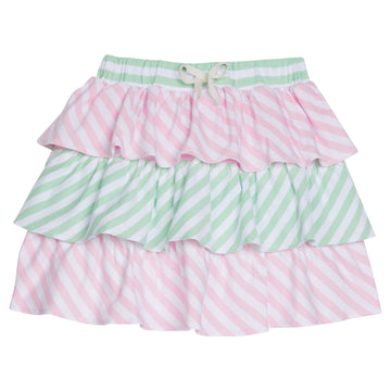 Tiered skort with built in shorts with elastic green and white stripe waistband and faux tie. Top and bottom tier have light pink and white stripe and green and white stripes in the middle tier. 