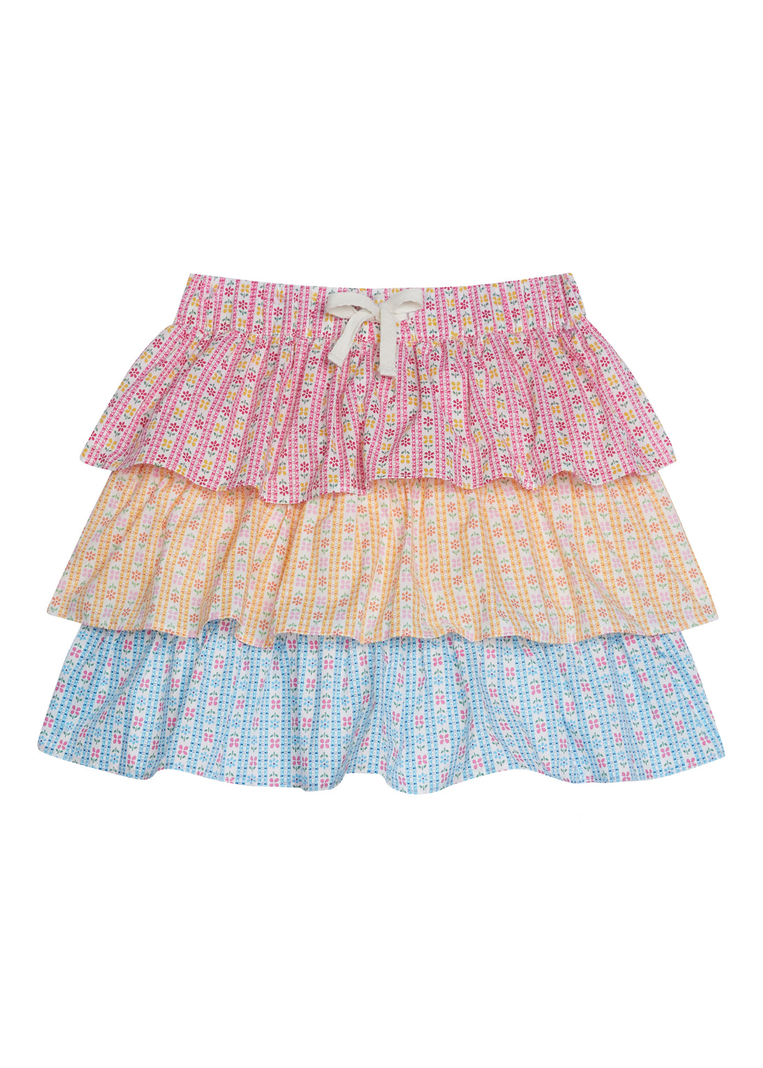 Tiered skort with built in shorts and elastic waistband with faux tie. Top tier  of skirt has pink daisy pattern, middle tier has orange daisy pattern, and bottom tier has light blue daisy pattern.