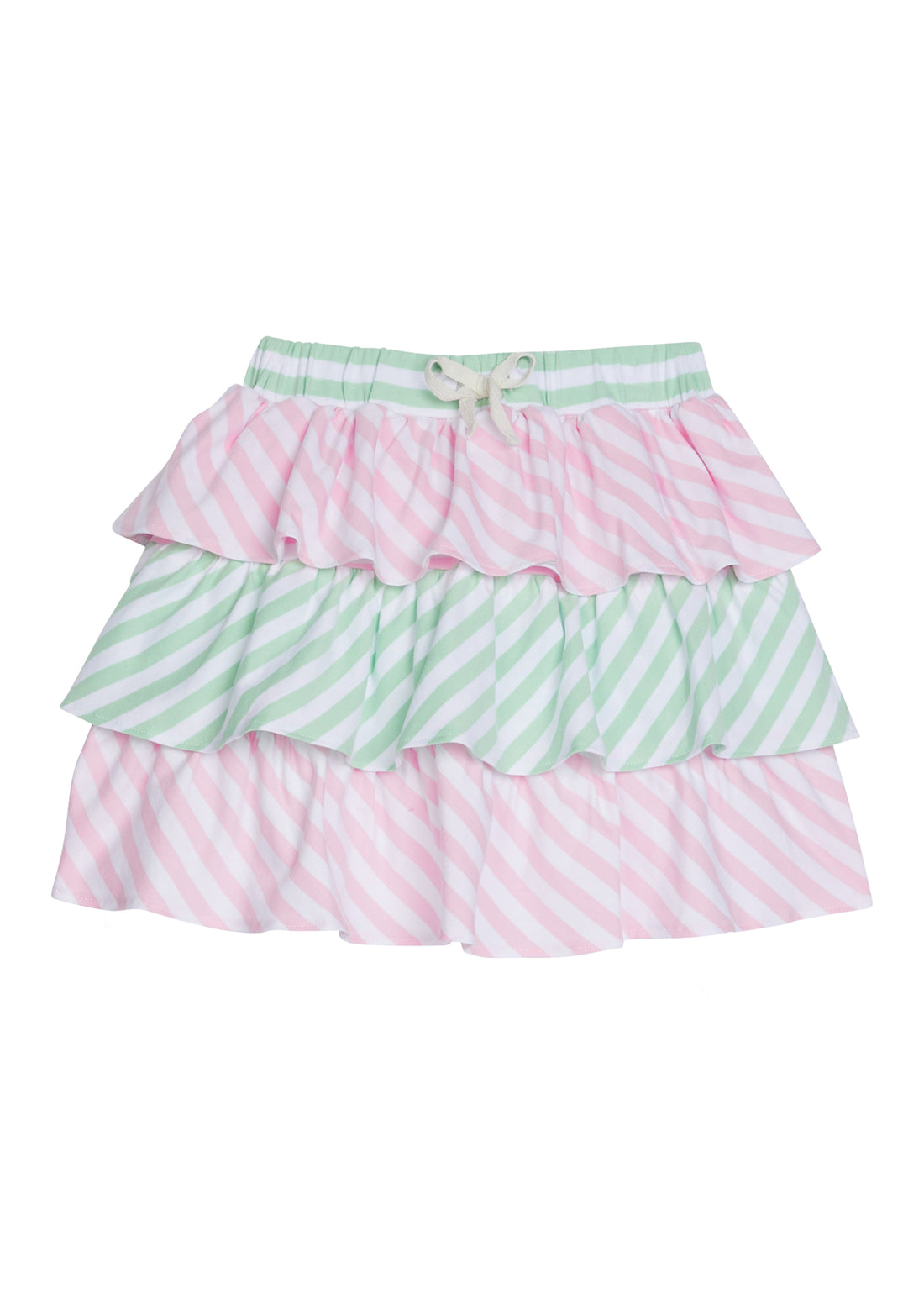 Tiered skort with built in shorts with elastic green and white stripe waistband and faux tie. Top and bottom tier have light pink and white stripe and green and white stripes in the middle tier. 