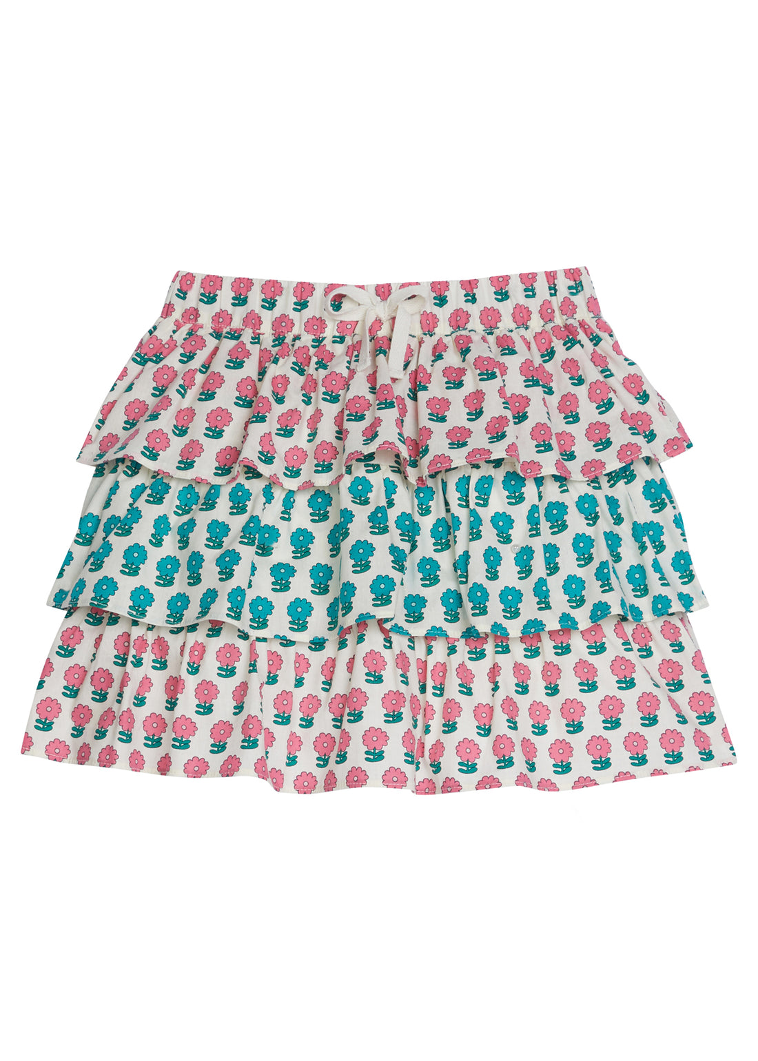 Tiered skort with built in shorts with elastic waistband and faux tie. Has pink floral pattern on bottom and top tier and a turquoise floral pattern in middle tier. 