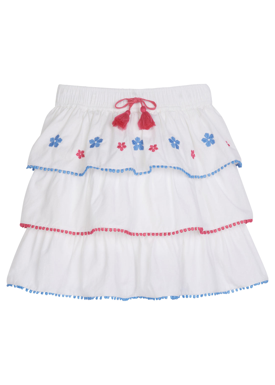 tween girls tiered mini skirt with blue and pink embroidery and pink and blue pom pom trim