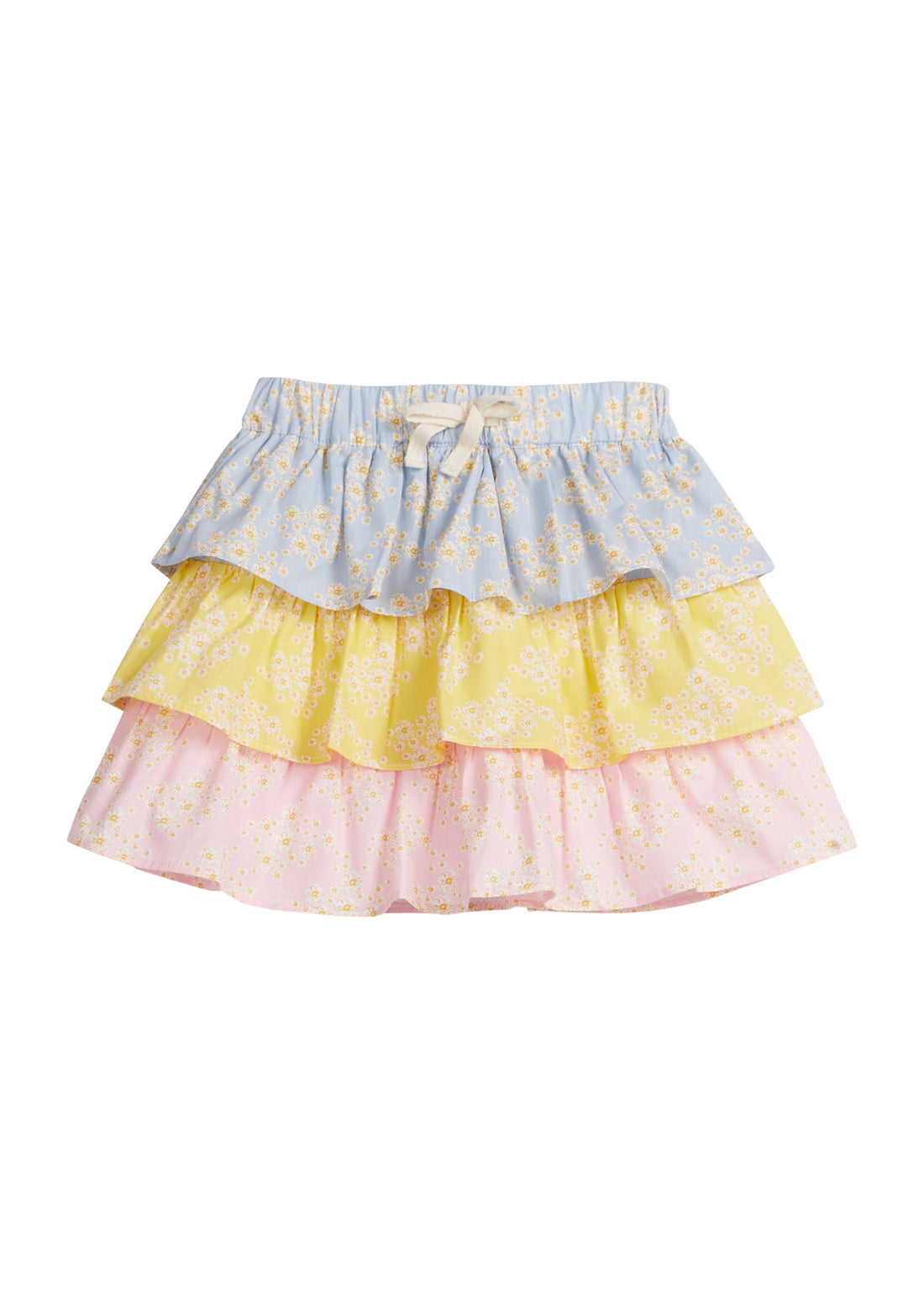 Girls/Tween woven three tiered skort in a blue/pink/yellow floral pattern. Skort features each tier with a different color arrangement, elastic waistband, built in shorts, and fixed ties for a relaxed but secure fit. 