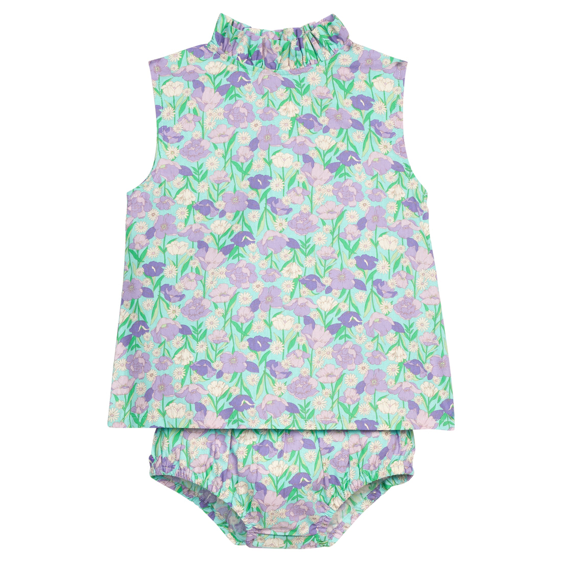 BISBY baby girl woven bloomer set in a blue/green/purple floral print. Top features two button closure at back of neckline and ruffle at neckline as well. Bottoms feature elastic at stride and waistband for a relaxed but secure fit. 
