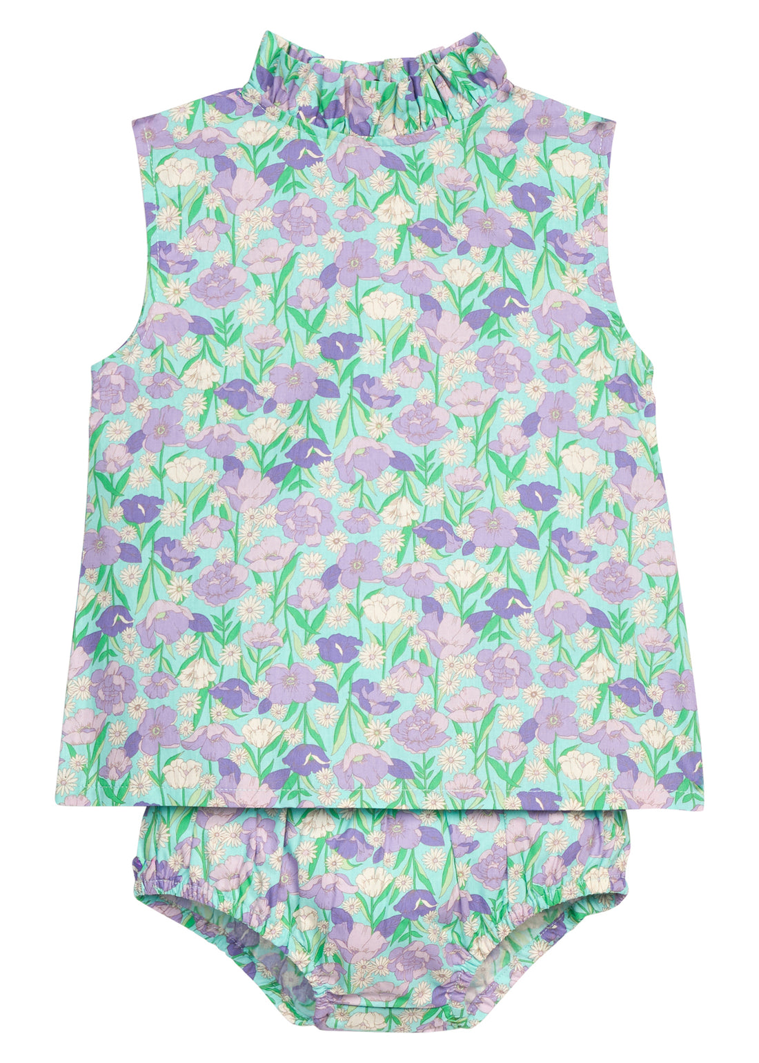 BISBY baby girl woven bloomer set in a blue/green/purple floral print. Top features two button closure at back of neckline and ruffle at neckline as well. Bottoms feature elastic at stride and waistband for a relaxed but secure fit.
