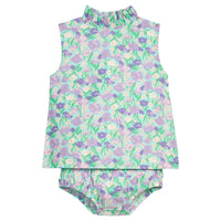 BISBY baby girl woven bloomer set in a blue/green/purple floral print. Top features two button closure at back of neckline and ruffle at neckline as well. Bottoms feature elastic at stride and waistband for a relaxed but secure fit. 
