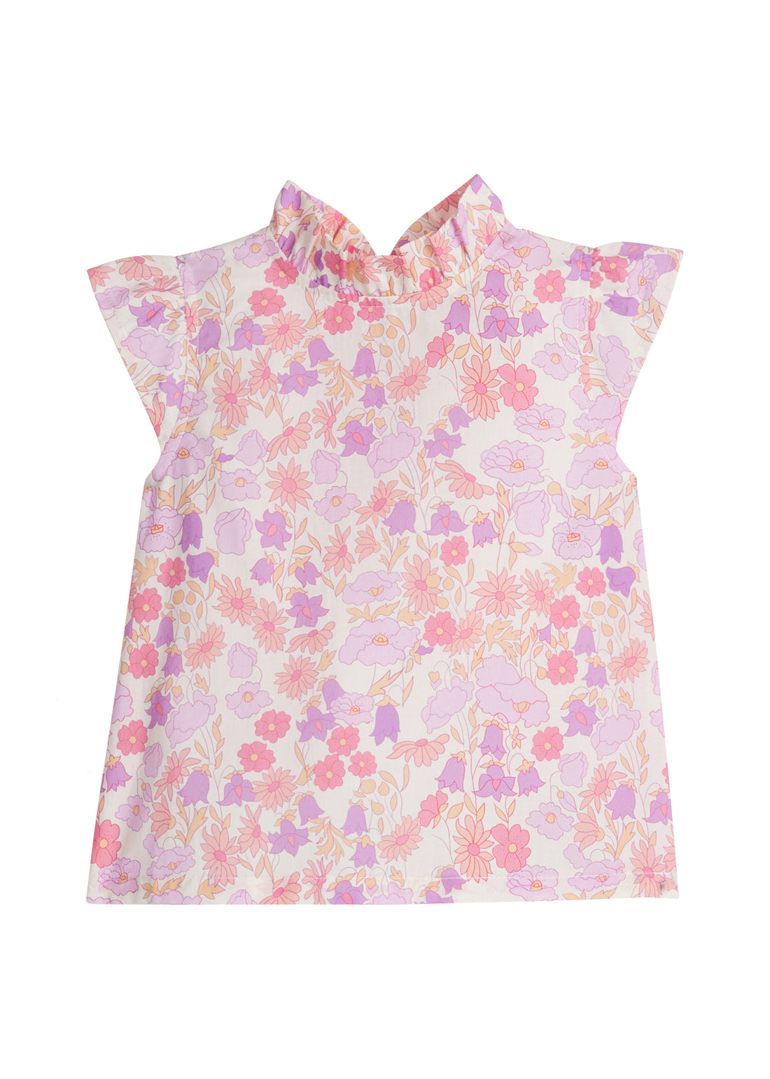 Girls/Tween thin woven top in a lavender/salmon pink/cream floral pattern. Shirt features angel sleeves, ruffle collar, and button closures at back for a relaxed but secure fit.  