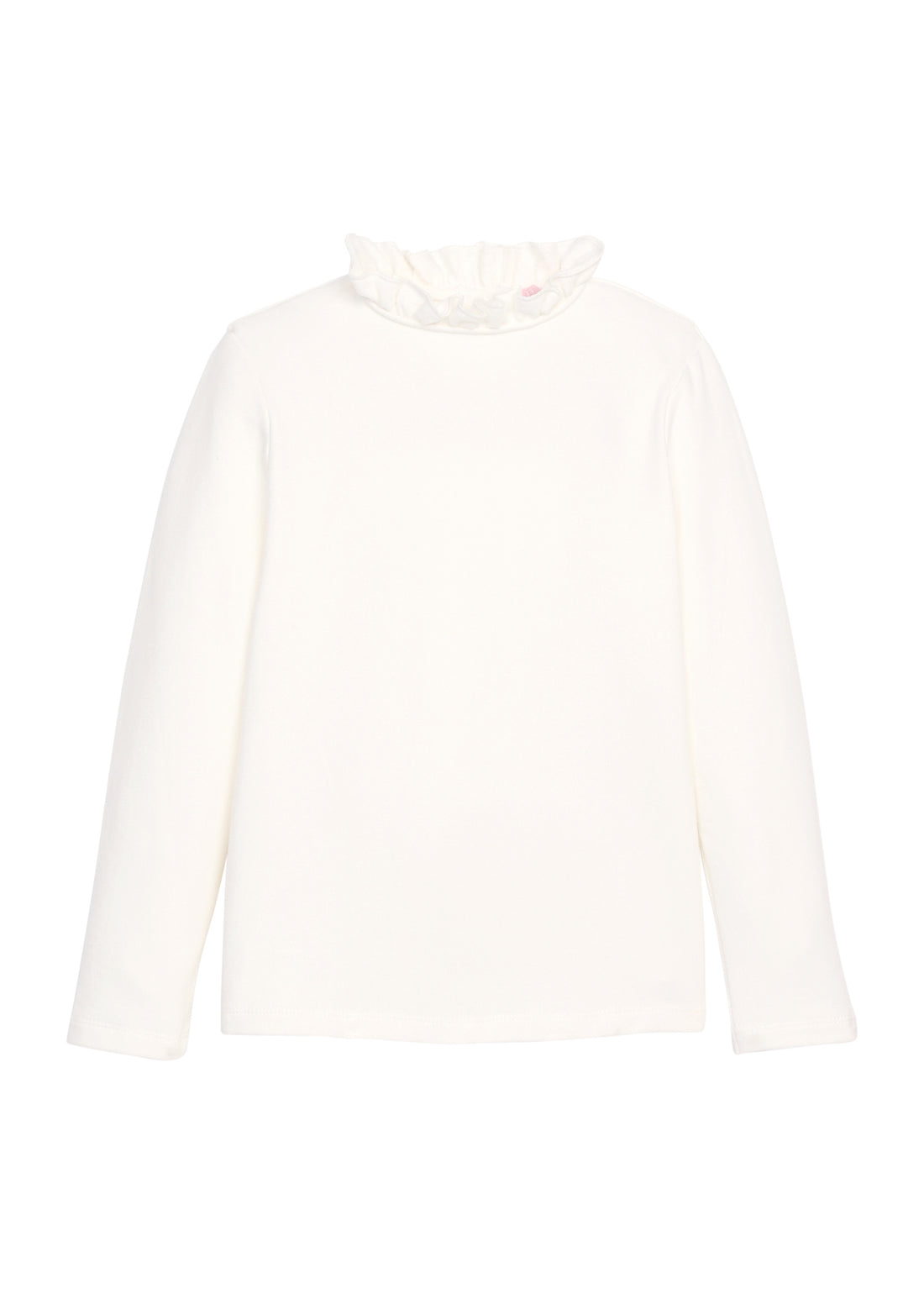 Girls/tween knit top in white that features  ruffles around the neckline, giving a slight turtleneck feature--BISBY