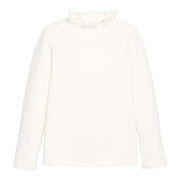 Girls/tween knit top in white that features  ruffles around the neckline, giving a slight turtleneck feature--BISBY