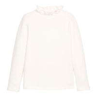 Girls/tween knit top in white that features  ruffles around the neckline, giving a slight turtleneck feature--BISBY