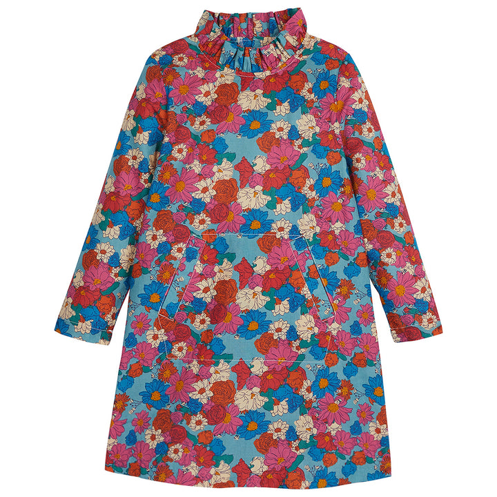 Aqua colored dress with bright flowers (orange, pink, blue) printed with ruffles on the neckline and pocket in the front of dress--ToryDress BISBY girls/teens