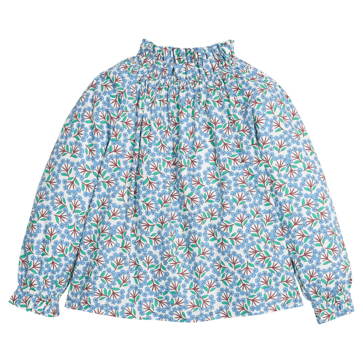 Girls/tween woven top in blue/green/brown floral print that features an elastic high neck collar and elastic cuffs at sleeves for a secure but relaxed fit. 