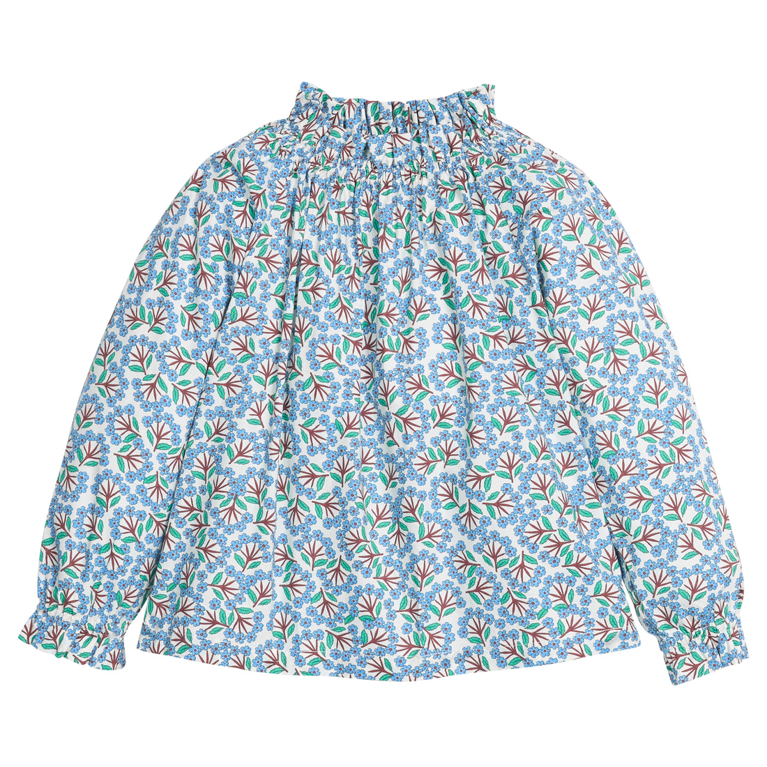 Girls/tween woven top in blue/green/brown floral print that features an elastic high neck collar and elastic cuffs at sleeves for a secure but relaxed fit. 