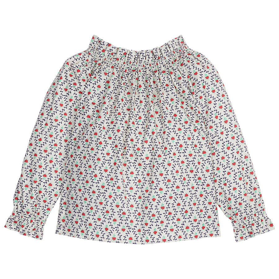 Long sleeve flowy shirt with red flowers and dark vines throughout with ruffle around neckline and ends of sleeves--ToryTop BISBY girls/teens