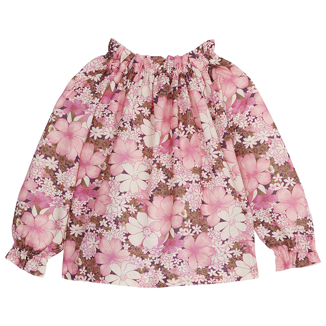 Long sleeve flowy top with hawaiin light pink/brown flowers printed on it. Ruffle on the neck and end of the sleeves--ToryTop BISBY girls/teens