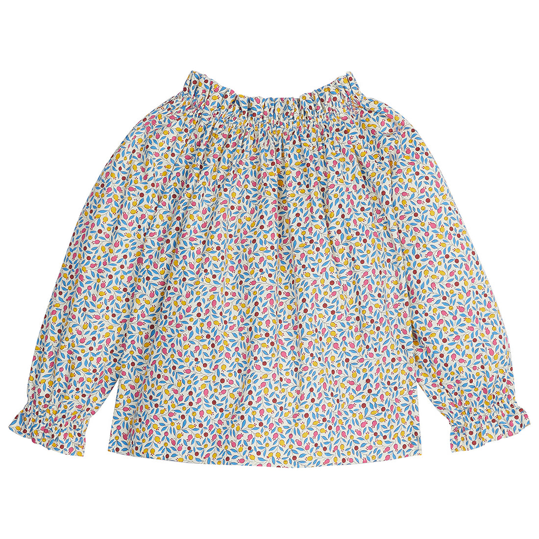 Long Sleeve white underlay top with little berry pattern (light pink/yellow/blue/red) and slight ruffle on end of sleeves--ToryTop BISBY girls/teens
