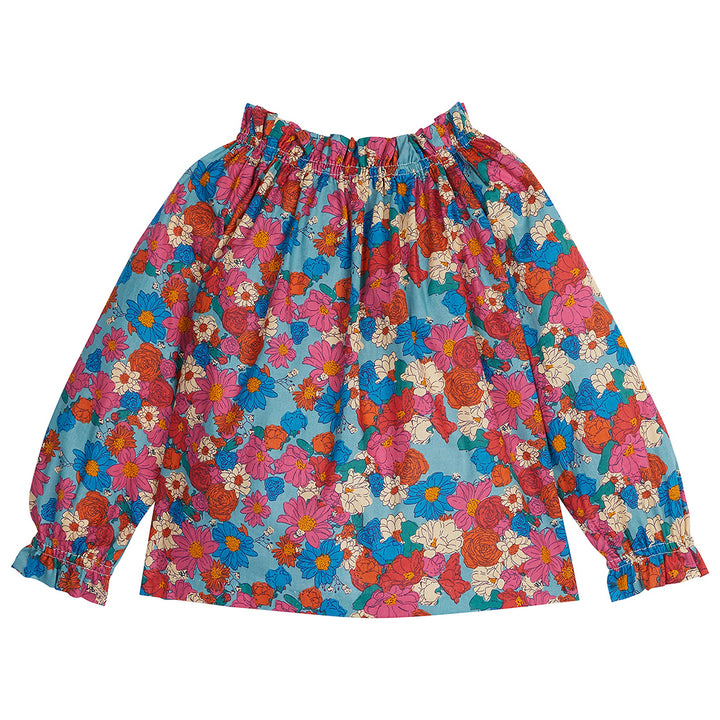Long Sleeve Aqua ruffle neck flowy top with pink/blue/orange flowered pattern and slight ruffle on end of sleeves--ToryTop BISBY girls/teens