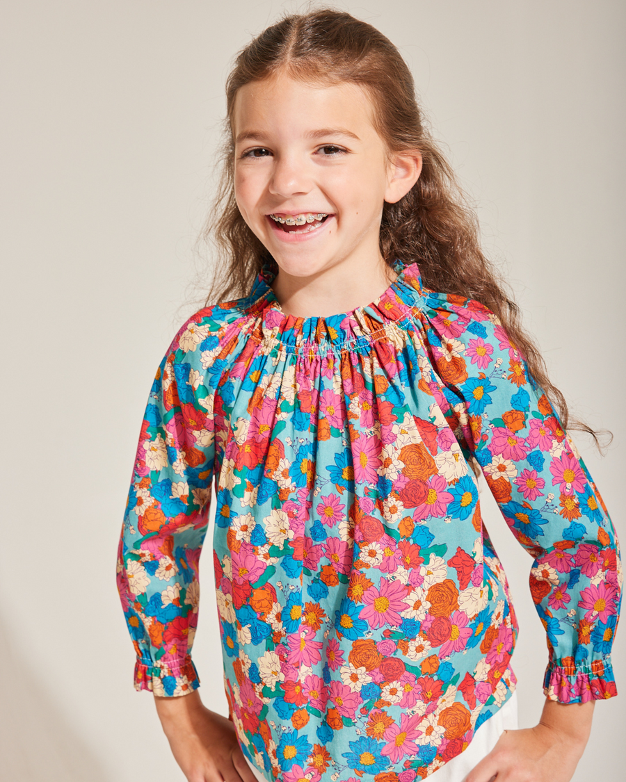 Turquoise and pink jewel toned floral blouse for girls and tweens by BISBY